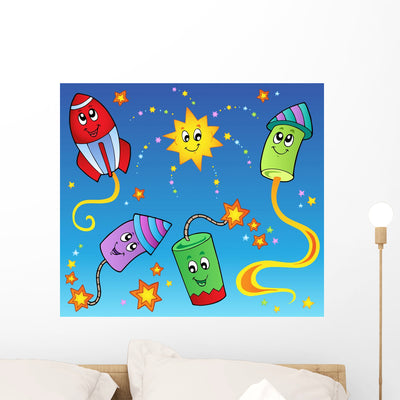 Cartoon Fireworks Theme 2 Wall Decal shown on a wall