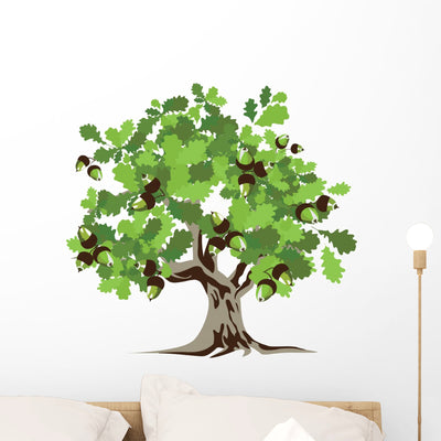 Big Green Oak Tree Wall Decal shown on a wall