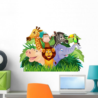 Jungle Animals Cartoon Wall Decal shown on a wall