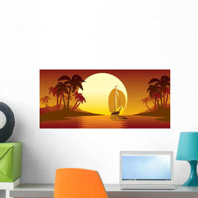 Tropical Island Sunset Palm Wall Decal shown on a wall