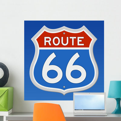 Route 66 Road Sign Wall Decal shown on a wall