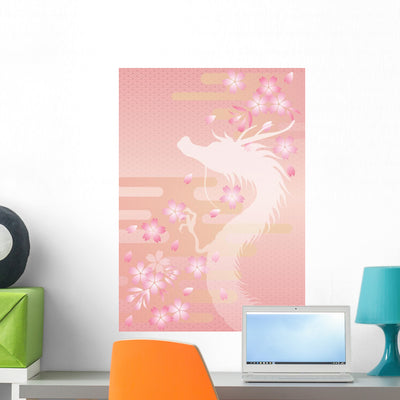 Dragon And Cherry Wall Decal shown on a wall