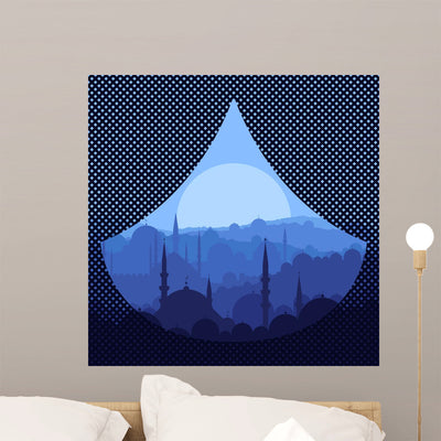 Blue Arabic City Landscape Illustration Wall Decal shown on a wall