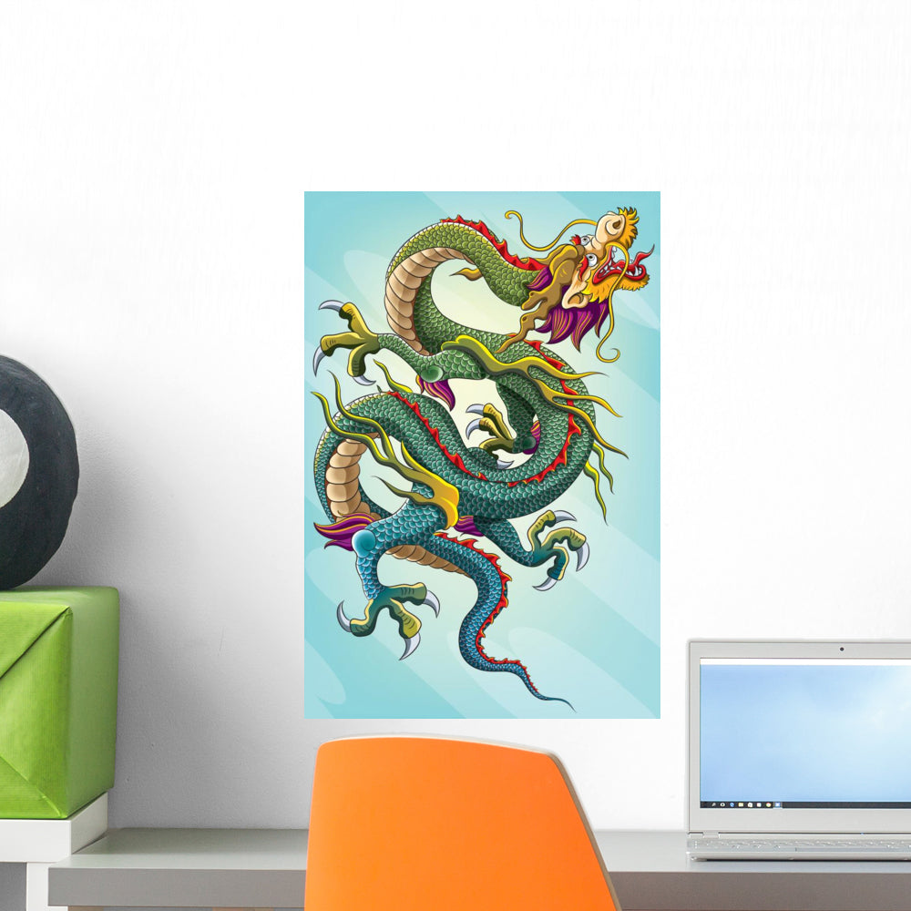 Blue Chinese Dragon Painting Wall Decal - WallMonkeys.com