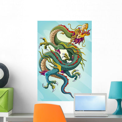 Blue Chinese Dragon Painting Wall Decal shown on a wall