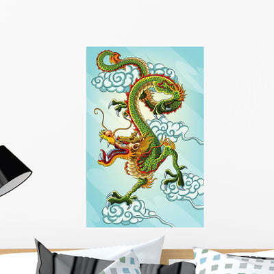 Green Chinese Dragon Painting Wall Decal shown on a wall