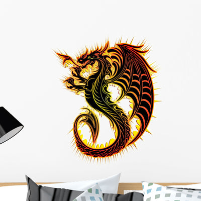 Red Orange Fire Dragon Wall Decal shown on a wall