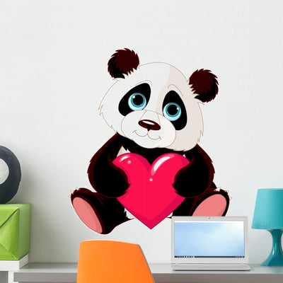 Cute Panda With Heart Wall Decal shown on a wall