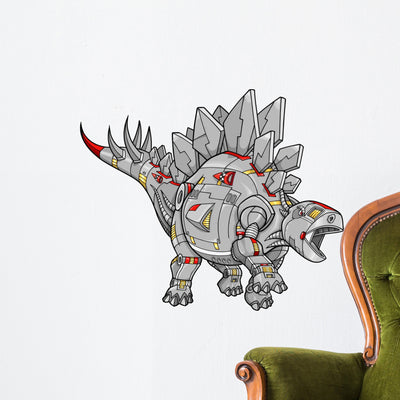 Robot Stegosaurus Dinosaur Wall Decal shown on a wall