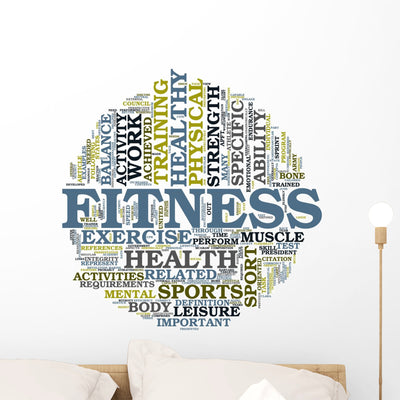 Fitness And Health Circle Word Cloud Concept Wall Decal shown on a wall