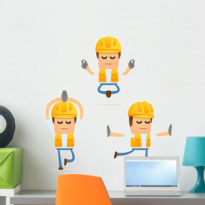 Set Funny Cartoon Builder Wall Decal shown on a wall