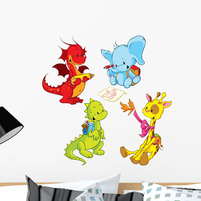 Cartoon Animals Small Schooler Wall Stickers Wall Decal shown on a wall