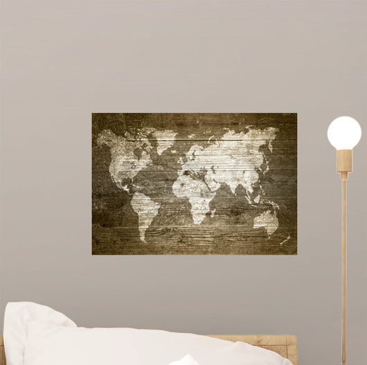 Grunge Wood World Map Wall Decal