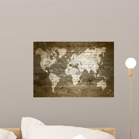 Grunge Wood World Map Wall Decal