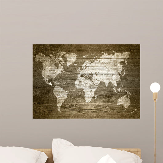 Grunge Wood World Map Wall Decal