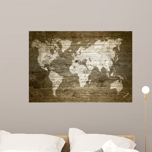 Grunge Wood World Map Wall Decal