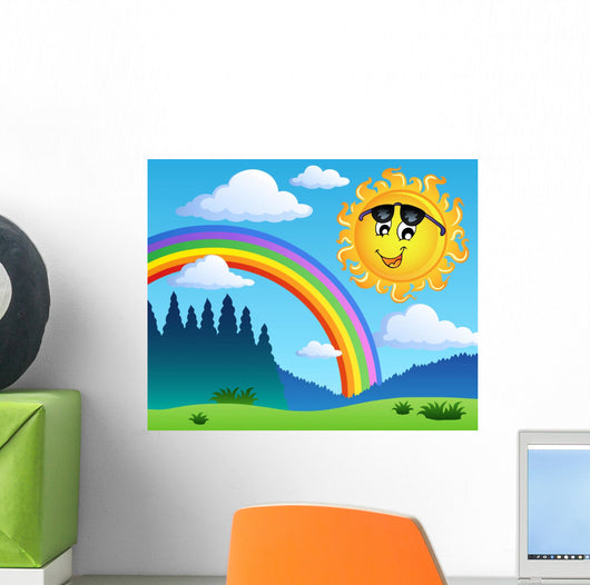Landscape With Rainbow And Sun Illustration Wall Decal