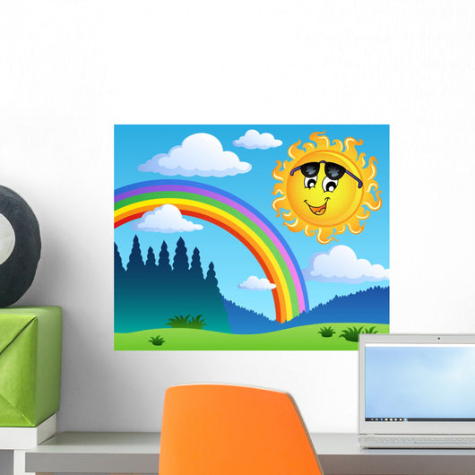 Landscape With Rainbow And Sun Illustration Wall Decal