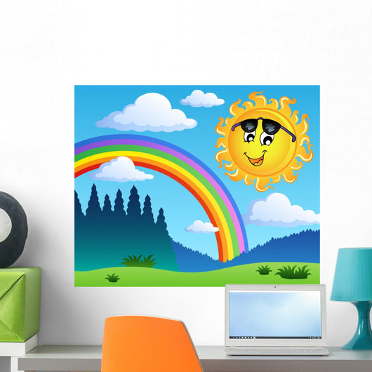 Landscape With Rainbow And Sun Illustration Wall Decal