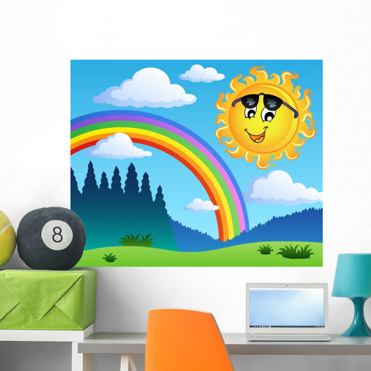 Landscape With Rainbow And Sun Illustration Wall Decal