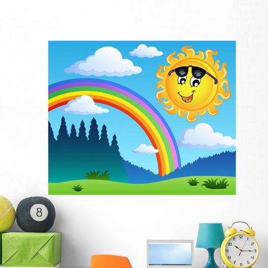 Landscape With Rainbow And Sun Illustration Wall Decal