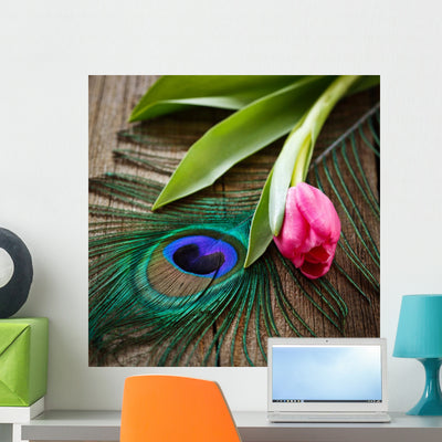 Peacocks Feather And Tulip Wall Decal shown on a wall