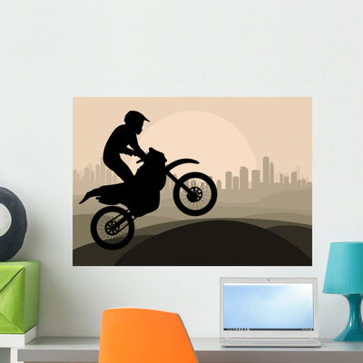 Motorbike Rider Skyscraper City Wall Decal shown on a wall