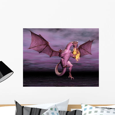 Purple Dragon Breathing Fire Wall Decal shown on a wall