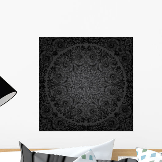 Seamless Black Circular Floral Pattern Wall Decal