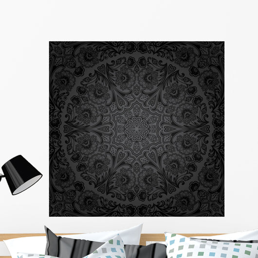 Seamless Black Circular Floral Pattern Wall Decal