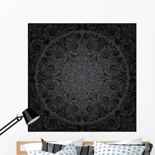 Seamless Black Circular Floral Pattern Wall Decal