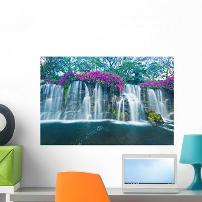 Waterfall with Purple Flowers - Horizontal Wall Decal shown on a wall
