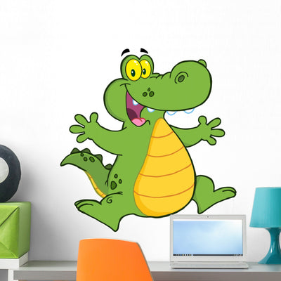 Happy Alligator Jumping Wall Decal shown on a wall