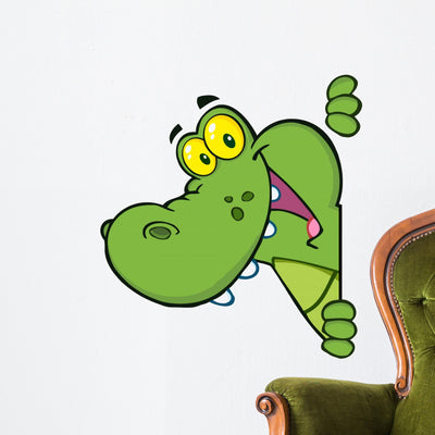Happy Crocodile Looking Around Wall Decal shown on a wall