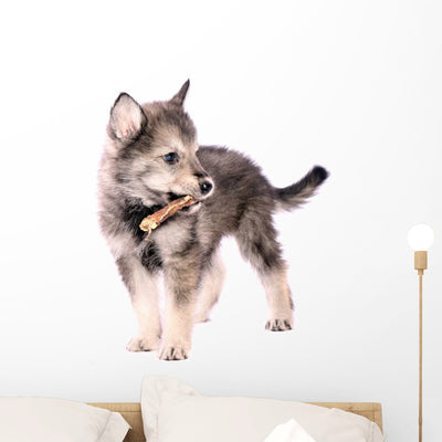 Wolfhound Puppy Standing With Stick Wall Decal shown on a wall