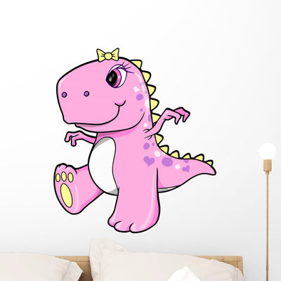 Cute Pink Girl Dinosaur Wall Decal shown on a wall