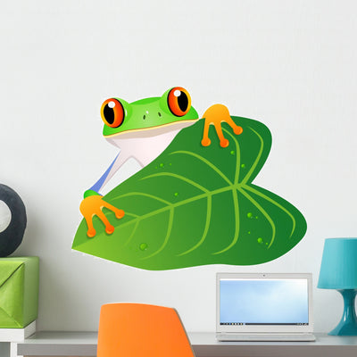 Tree Frog on a Leaf Cartoon Wall Decal shown on a wall