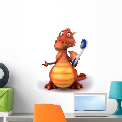 Orange Dragon With Toothbrush Wall Decal shown on a wall