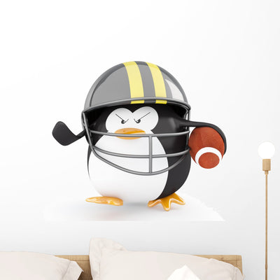 Football Player Penguin Wall Decal shown on a wall