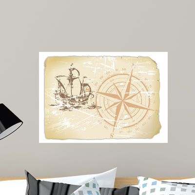 Yellowed Paper With Compass Wall Decal shown on a wall