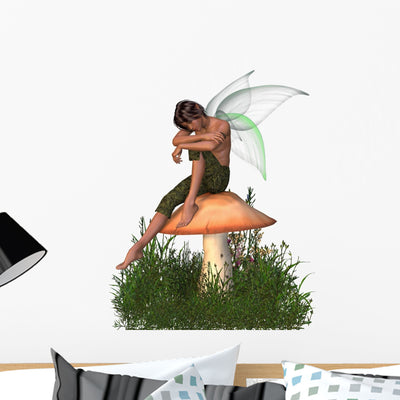 Fairy Boy Sitting Toadstool Wall Decal shown on a wall