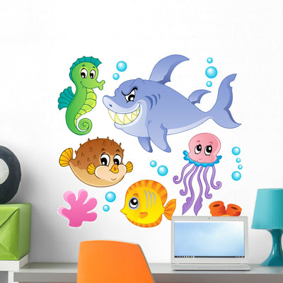 Sea Animals Fishes Wall Stickers shown on a wall