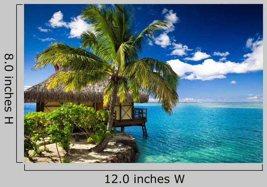 Tropical bungalow and palm tree next to amazing lagoon Wall Mural