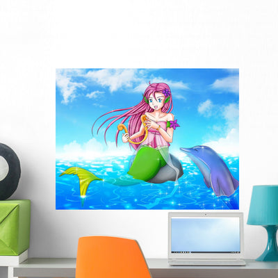 Illustration Mermaid with Dolphin shown on a wall