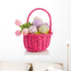 cheerful easter eggs and tulips in a pink wicker basket isolated Wall Decal