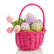 cheerful easter eggs and tulips in a pink wicker basket isolated Wall Decal