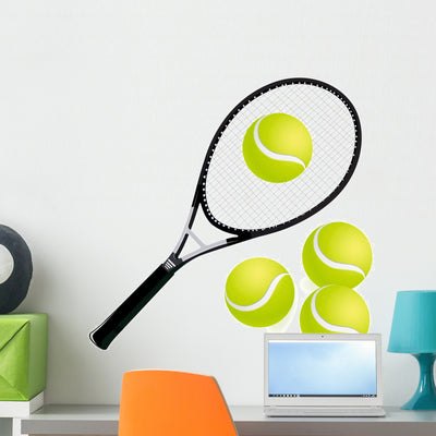 Tennis Racket and Balls shown on a wall