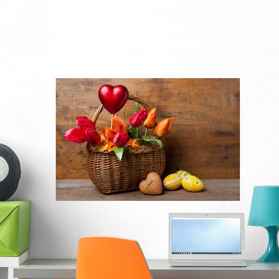 Flower Basket with Red shown on a wall