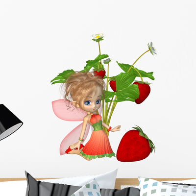 Cute Toon Strawberry Fairy Wall Decal shown on a wall