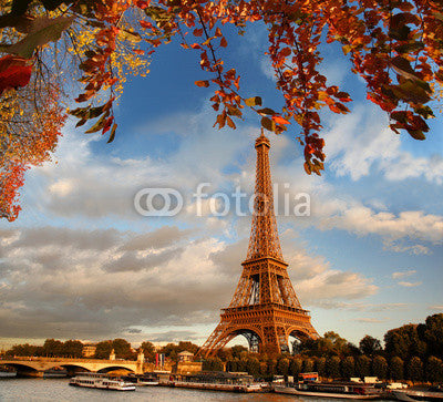 Eiffel Tower with autumn leaves in Paris, France Wall Mural